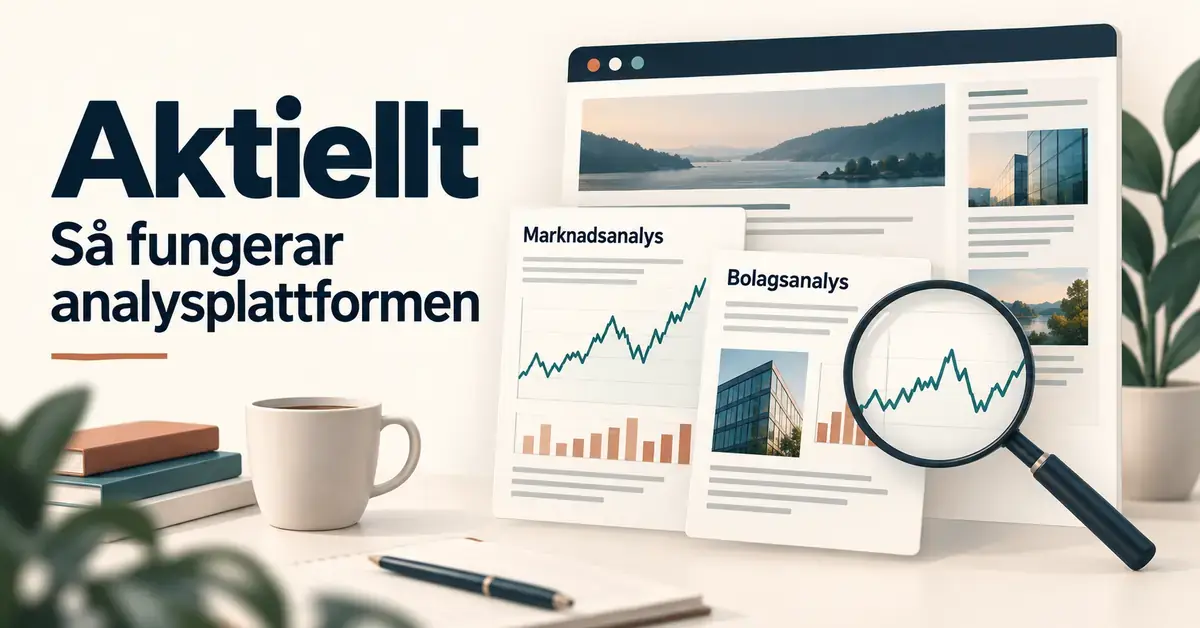 Illustration av Aktiellt med marknadsanalyser, bolagsanalyser och ett förstoringsglas över ett kursdiagram.