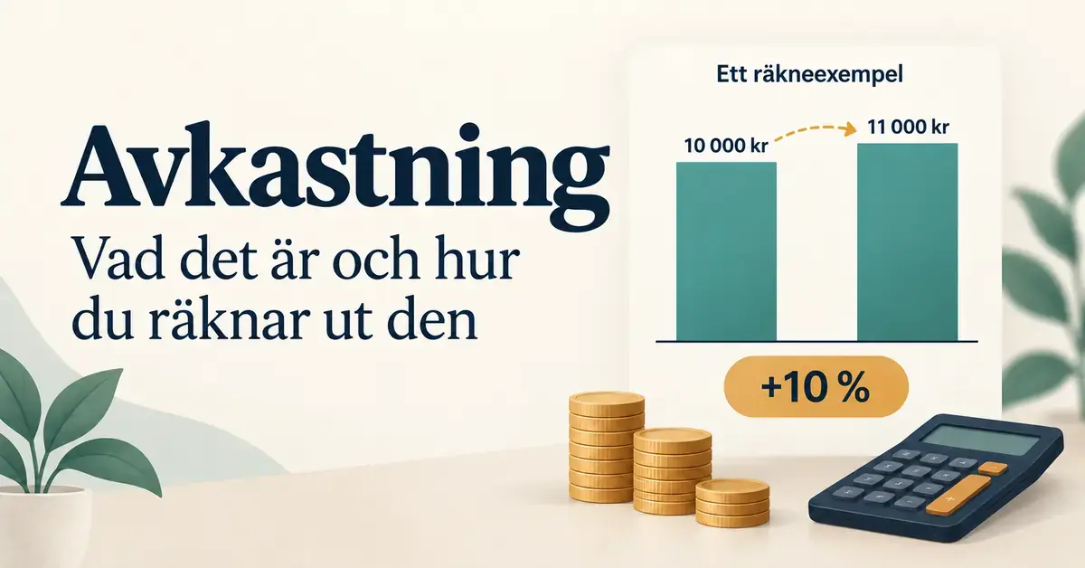 Illustration av avkastning med mynt, miniräknare och ett stapeldiagram där 10 000 kronor växer till 11 000 kronor, vilket motsvarar 10 procents avkastning.