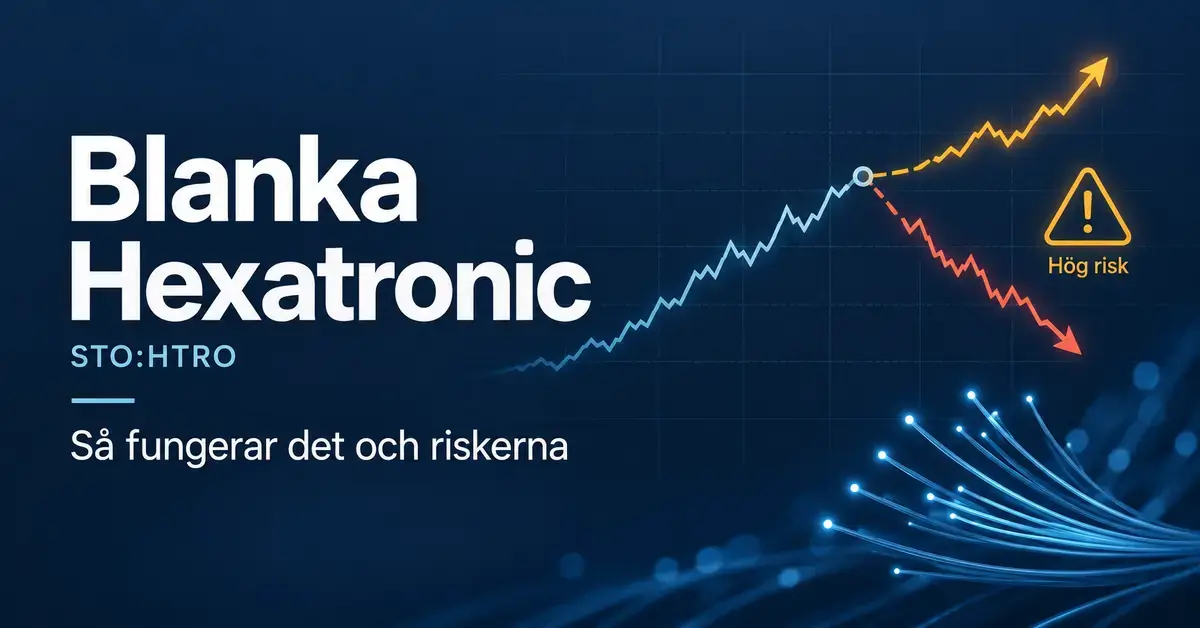 Illustration om blankning av Hexatronic (STO:HTRO) med fallande och stigande kurspilar samt en varningssymbol som betonar den höga risken.