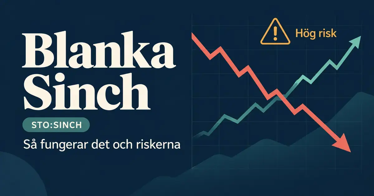 Illustration om blankning av Sinch (STO:SINCH) med fallande och stigande kurspilar samt en varningssymbol som markerar hög risk.