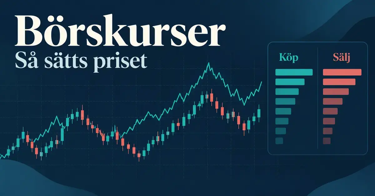 Illustration av börskurser med en turkos kurskurva, gröna och röda kursstaplar samt en förenklad orderbok med köp- och säljordrar.