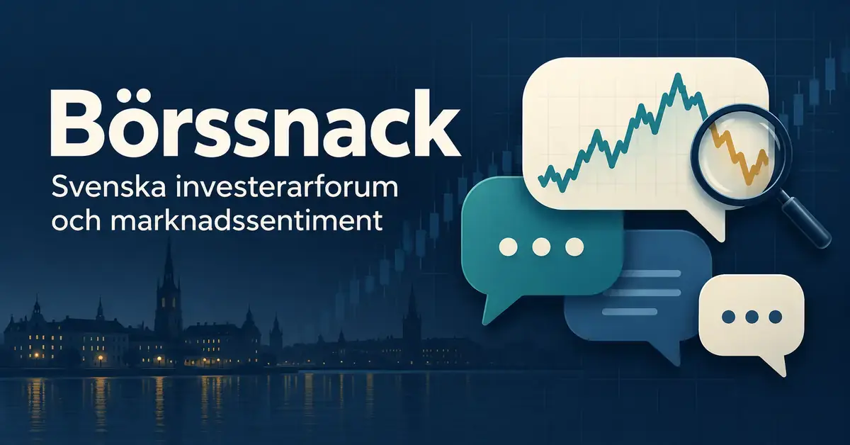 Illustration av svenska börsforum med pratbubblor, en börskurva och ett förstoringsglas som symboliserar kritisk granskning av marknadssentiment.