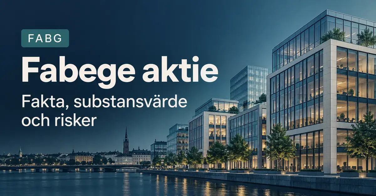 Illustration av moderna kontorsfastigheter vid vattnet med texten ”Fabege aktie”, ”FABG” och ”Fakta, substansvärde och risker”.