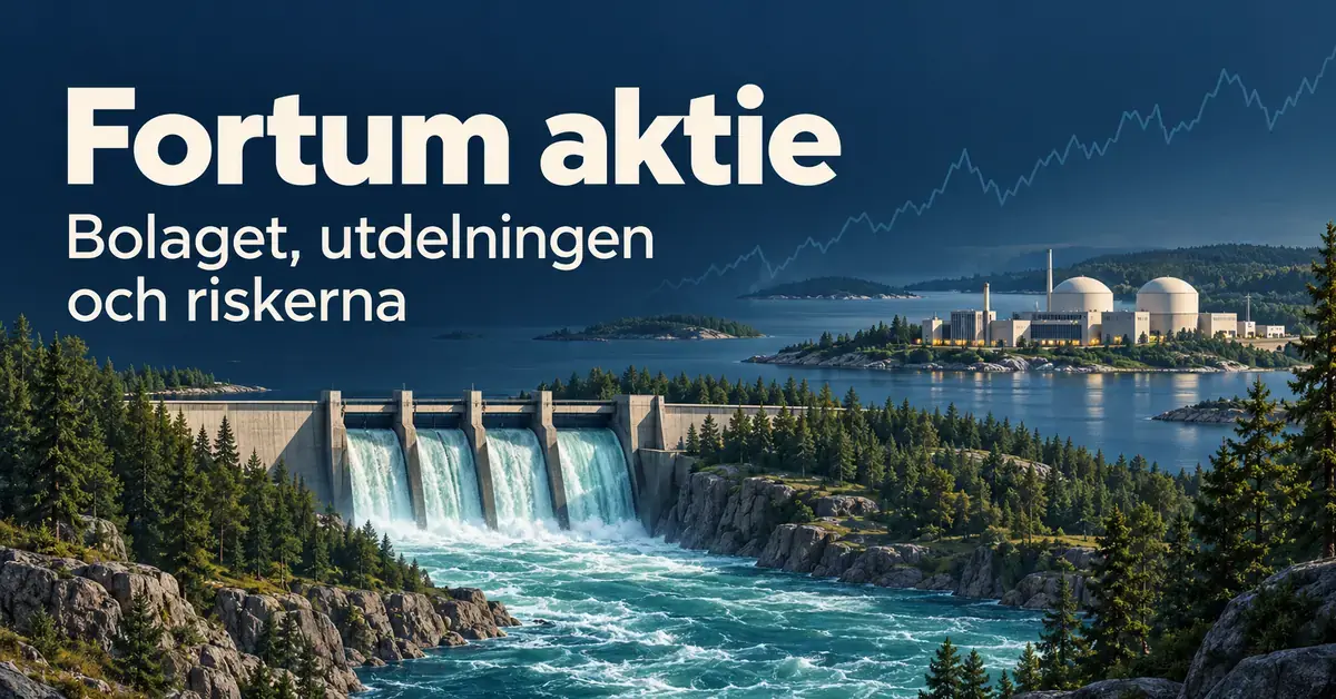 Illustration av vattenkraft och kärnkraft i ett nordiskt landskap med texten ”Fortum aktie – Bolaget, utdelningen och riskerna”.