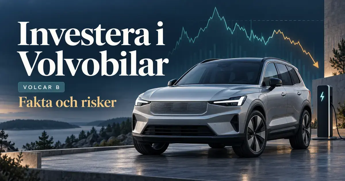 Illustration av en silverfärgad personbil vid en laddstation framför en stiliserad fallande börskurva och texten ”Investera i Volvobilar – VOLCAR B – Fakta och risker”.