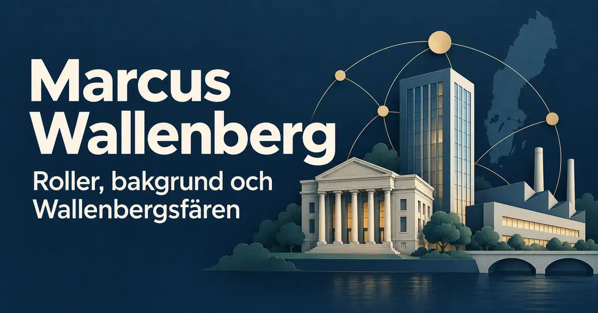 Illustration med rubriken Marcus Wallenberg och sammanlänkade bank-, kontors- och industribyggnader som symboliserar Wallenbergsfären.
