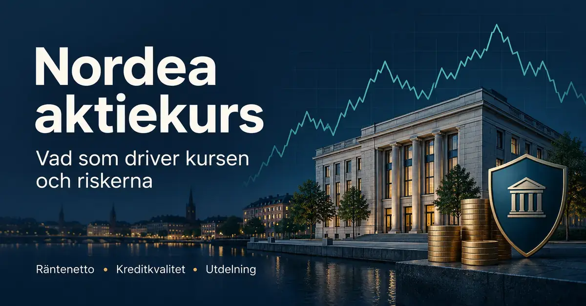Illustration om Nordeas aktiekurs med en bankbyggnad, en schematisk kurskurva, myntstaplar och en sköld som symboliserar kapitalstyrka och risk.