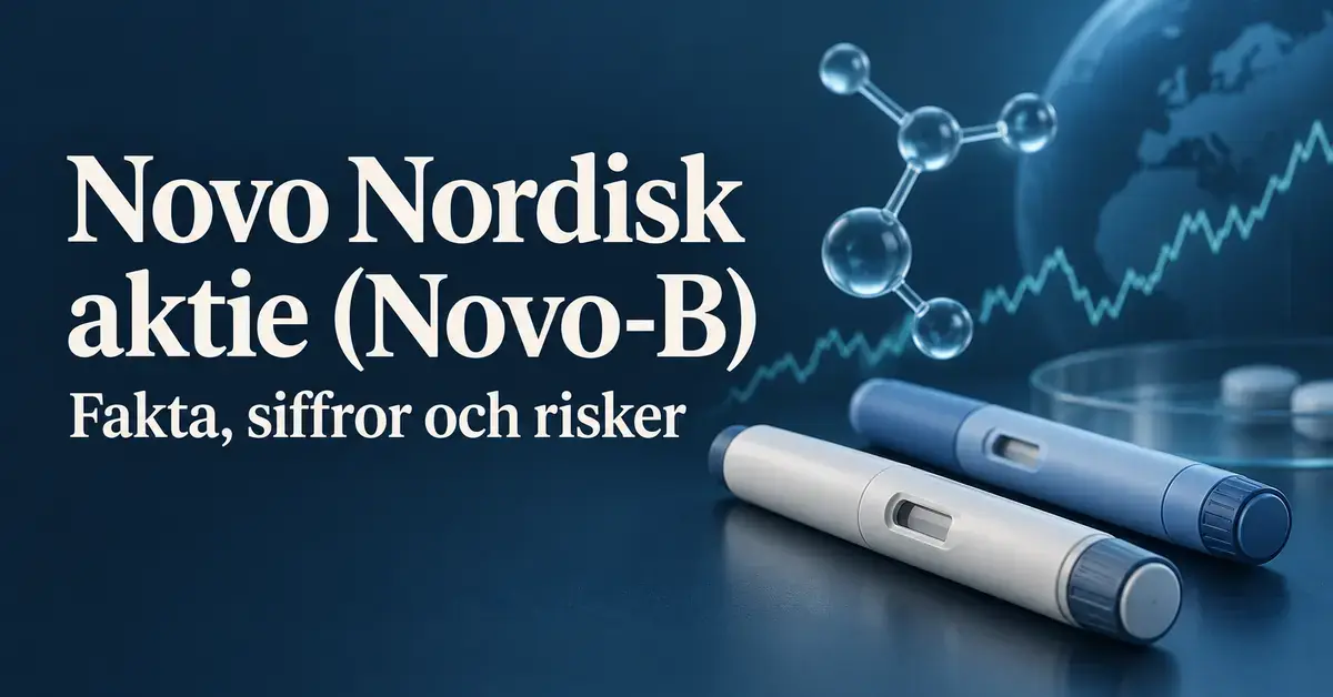 Illustration med två injektionspennor, en molekylmodell och en schematisk börskurva intill texten ”Novo Nordisk aktie (Novo-B) – Fakta, siffror och risker”.