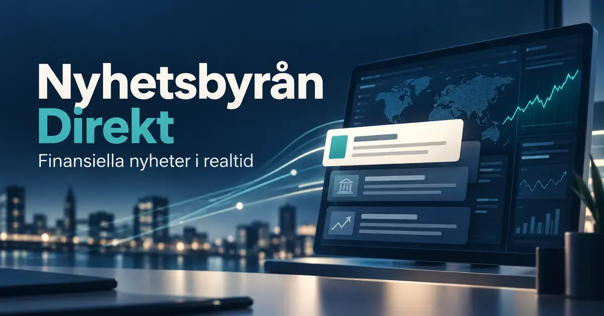 Illustration av en finansiell nyhetsterminal med nyhetsflöde och börsdiagram samt texten ”Nyhetsbyrån Direkt – Finansiella nyheter i realtid”.