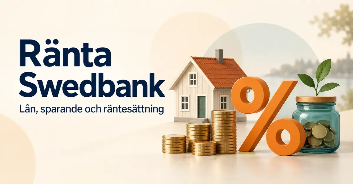 Illustration om Swedbanks räntor med ett hus, myntstaplar, en sparburk och ett procenttecken samt texten ”Ränta Swedbank – Lån, sparande och räntesättning”.