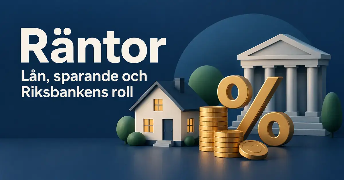 Illustration om räntor med ett hus, myntstaplar, ett procenttecken och en bankbyggnad som symboliserar lån, sparande och Riksbankens roll.