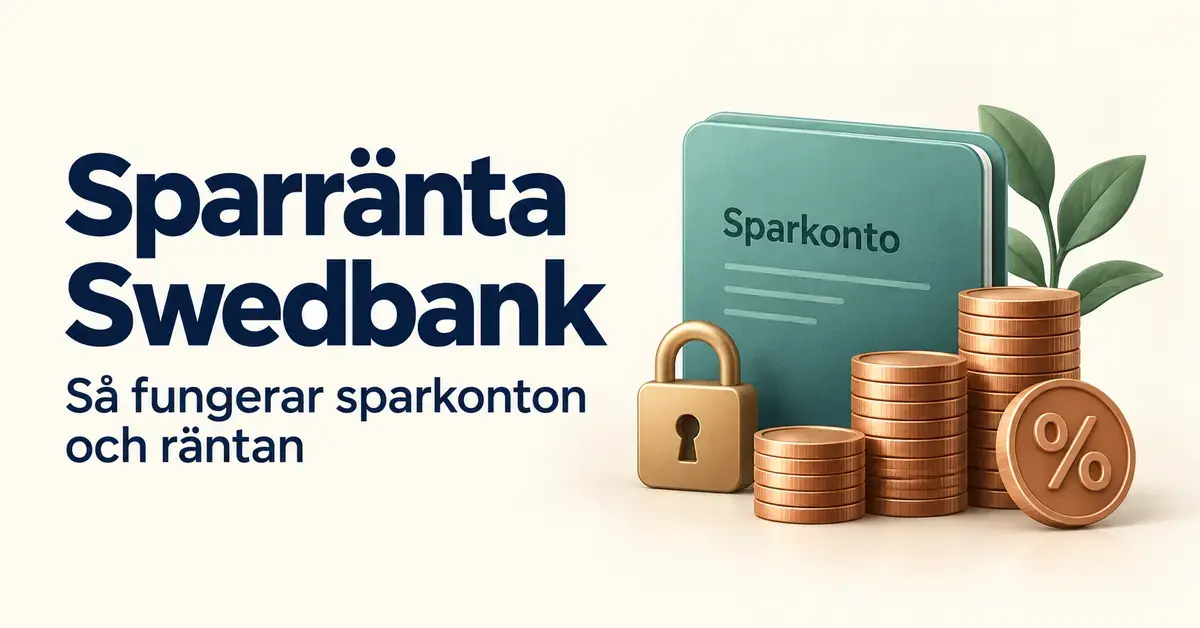 Illustration med texten ”Sparränta Swedbank – Så fungerar sparkonton och räntan” samt ett sparkonto, myntstaplar, ett procenttecken och ett hänglås.