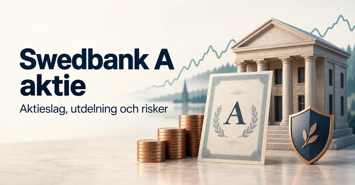 Illustration om Swedbank A aktie med en bankbyggnad, ett aktiebrev märkt A, myntstaplar och en sköld som symboliserar aktieslag, utdelning och risker.