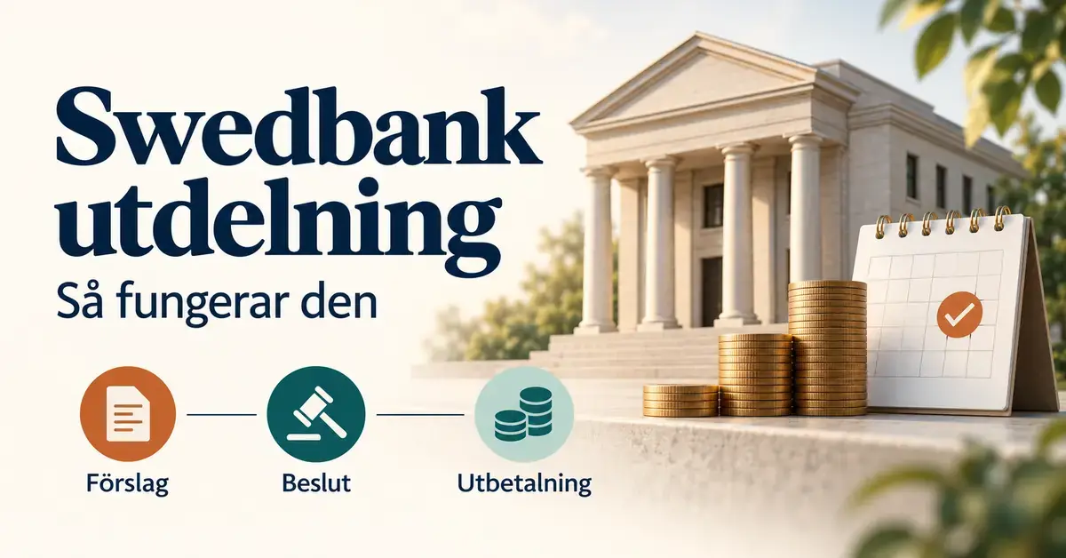 Illustration av en bank, mynt och en kalender som visar stegen för Swedbanks utdelning: förslag, beslut och utbetalning.