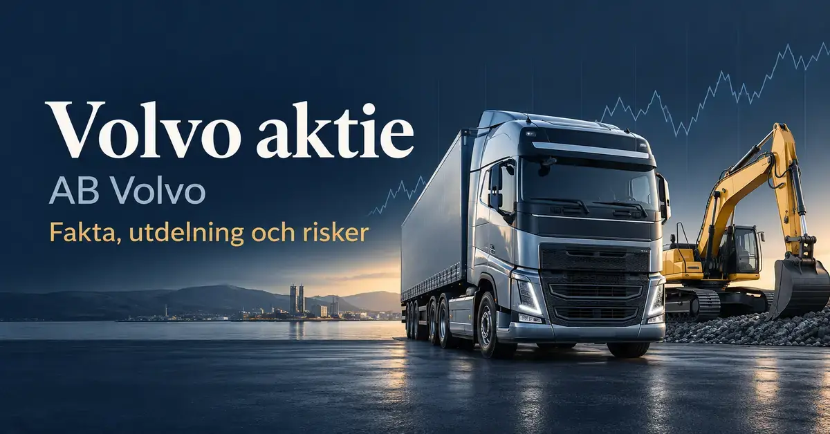 Illustration med en lastbil och en grävmaskin framför en stiliserad börskurva samt texten ”Volvo aktie – AB Volvo – Fakta, utdelning och risker”.