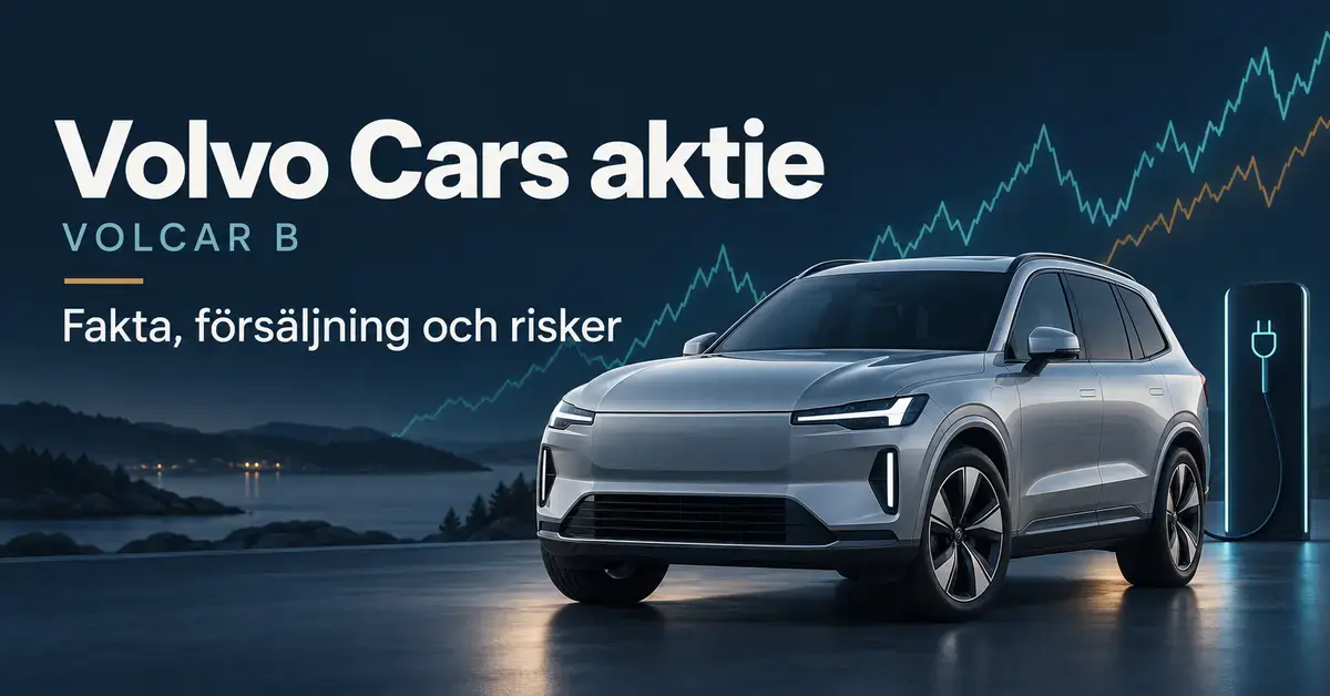 Illustration av en silverfärgad elbil vid en laddstation med stiliserade börskurvor och texten ”Volvo Cars aktie – VOLCAR B – Fakta, försäljning och risker”.